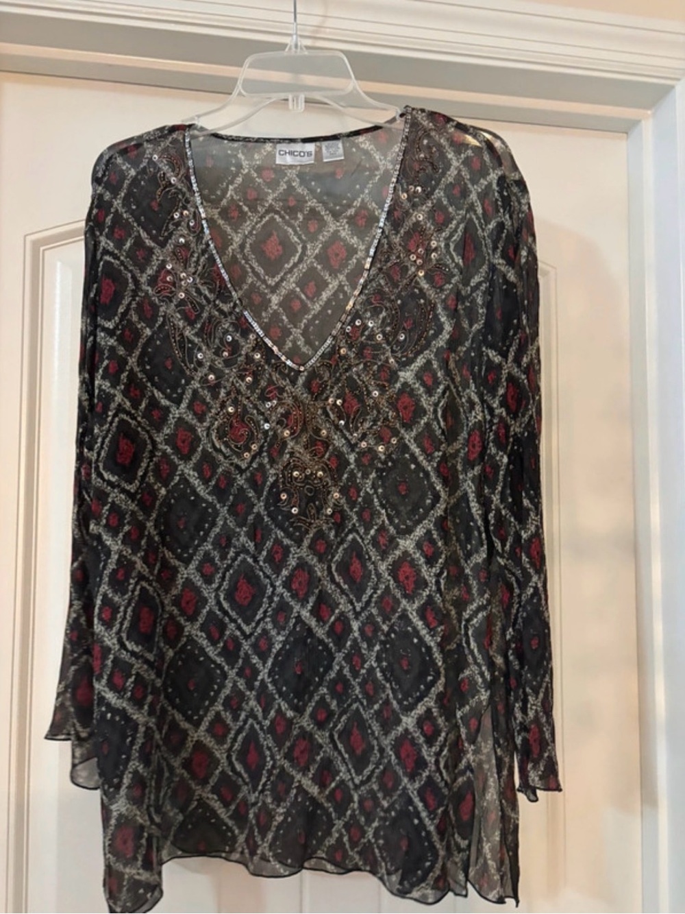 Chico's 100% Silk Black Sheer V-Neck Blouse with Red Diamond Print